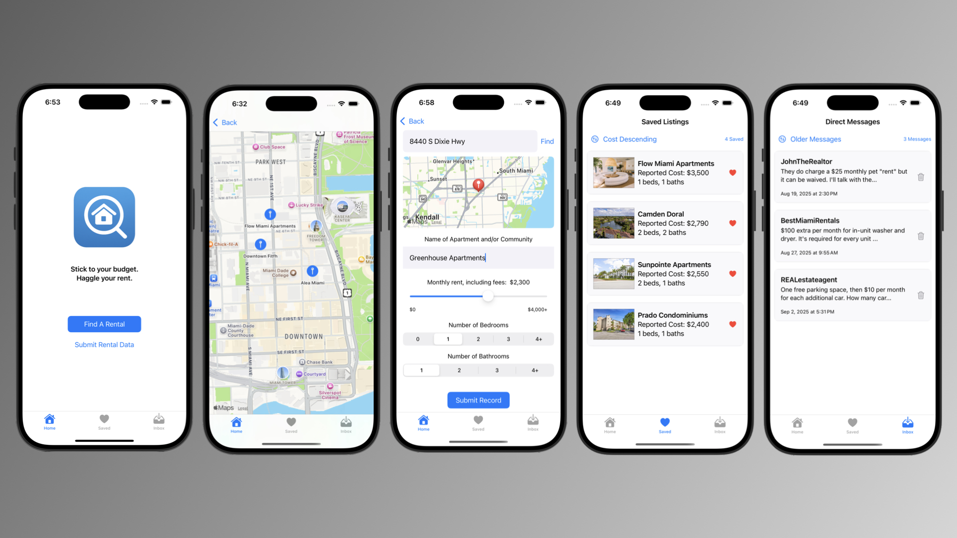 Raggle iOS app interface showing 5 main screens: home, map view, submission form, saved listings, and direct messages